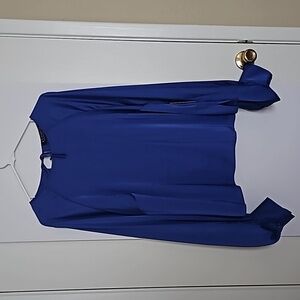 Eloqui blue, satin, long, cuffed sleeve, size 16, blouse